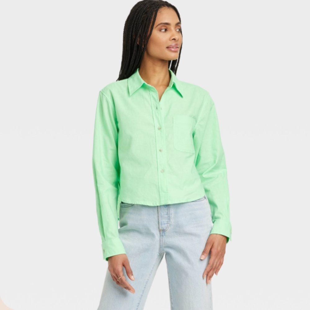 Universal Thread Light‎ Green Button-Down Cropped Shirt - Size Large